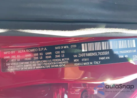 2020 Alfa Romeo Giulia Ti Rwd из США, поврежденный, VIN ZARFAMBN5L7635501